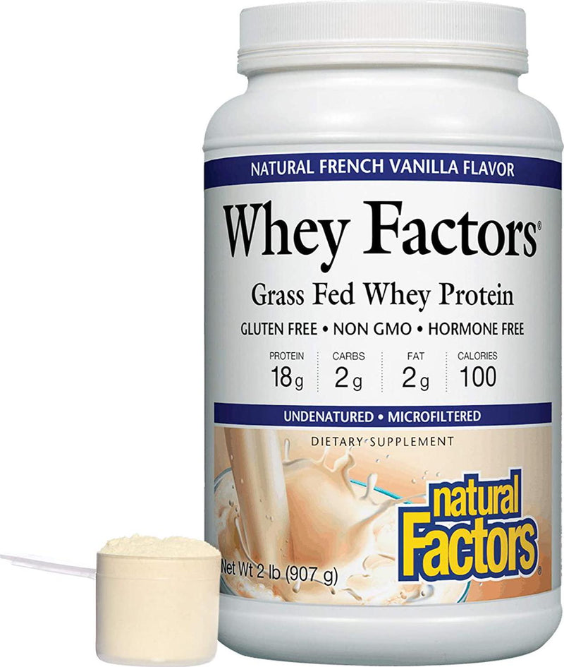 Whey Factors by Natural Factors, Grass Fed Whey Protein Concentrate, Aids Muscle Development and Immune Health, French Vanilla, 2 lb