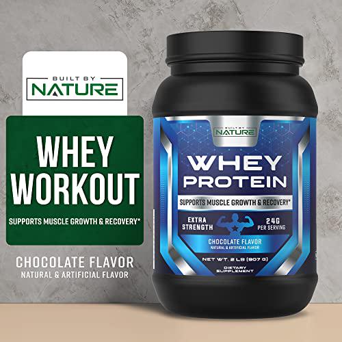 Whey Protein Powder 24g of Protein from Whey Isolate and Concentrate with Digestive Enzymes, Naturally Rich in BCAAs for Lean Muscle Building and Workout Recovery, Made in USA, Chocolate Flavor, 2 Lb