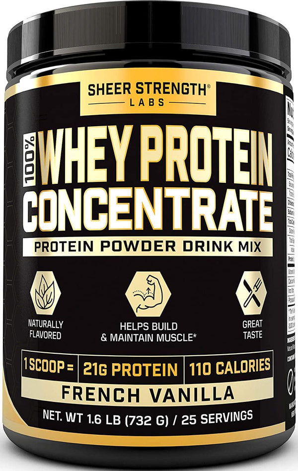 Whey Protein Powder Supplement - 100% Concentrate Grass Fed Protein Powder - 21g Protein - Supports Muscle Growth for Men and Women - Sheer Strength Labs - French Vanilla Flavor - 25 Servings