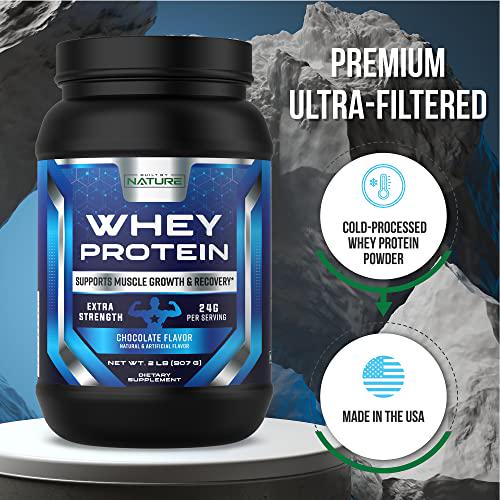 Whey Protein Powder 24g of Protein from Whey Isolate and Concentrate with Digestive Enzymes, Naturally Rich in BCAAs for Lean Muscle Building and Workout Recovery, Made in USA, Chocolate Flavor, 2 Lb