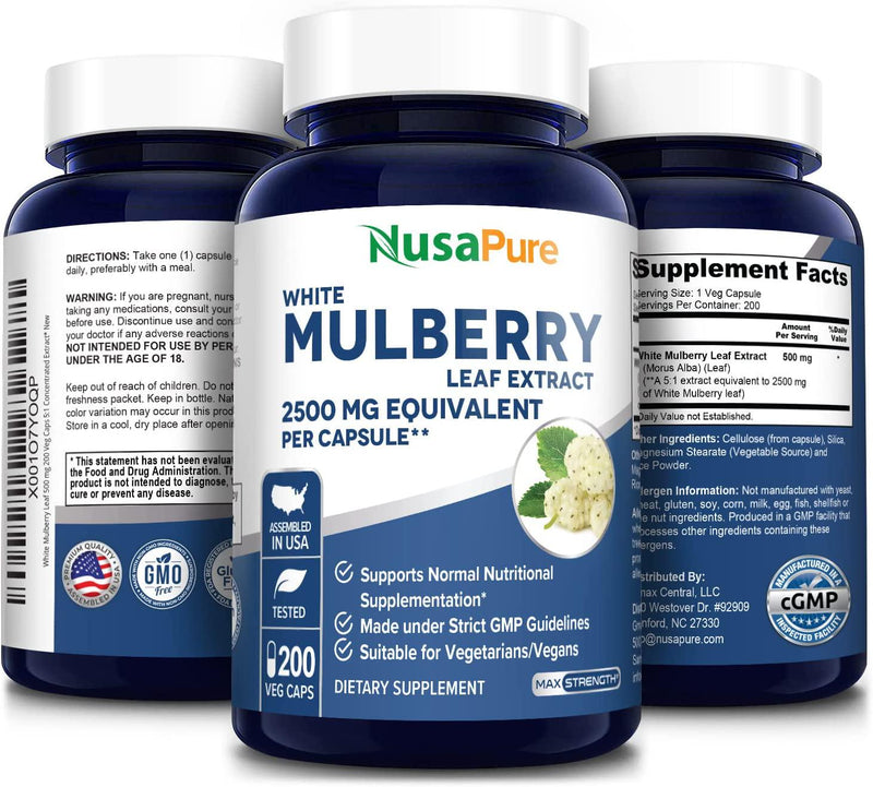White Mulberry Leaf Extract 2500 mg 200 Veggie Caps ( Vegetarian, Non-GMO and Gluten-Free)