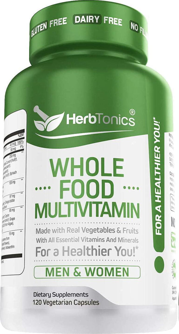 Whole Food Multivitamin for Women and Men with 62 Superfoods from Whole Food Markets Real Raw Veggies, Fruits, Vitamin E, A, B Complex - Vegan Non-GMO 120 Vegetarian Capsules.