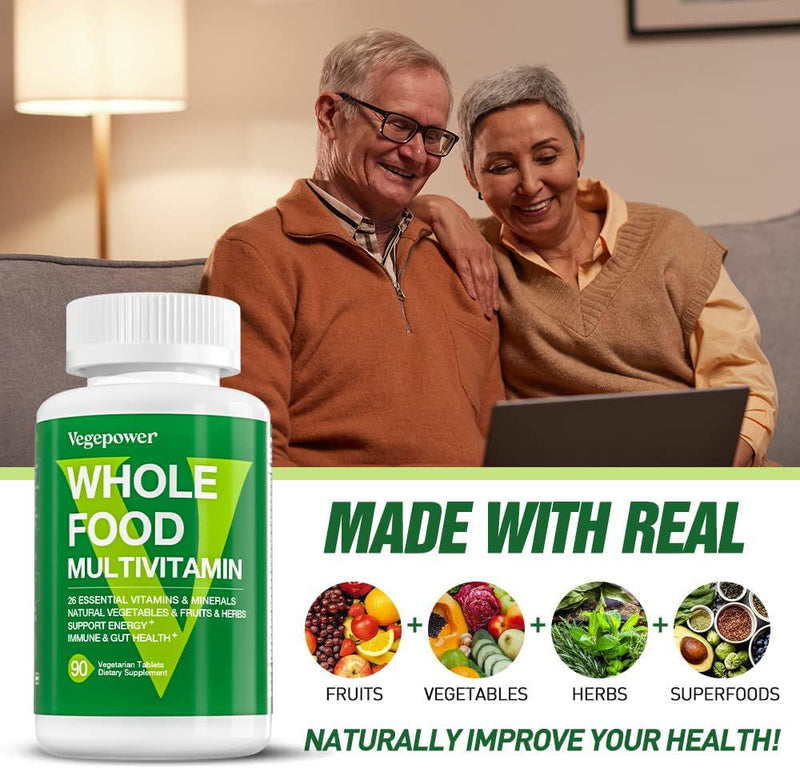 Whole Food Multivitamin for Men Women - with 65+ Vitamins, Minerals, Organic Nature Powder and Extracts - Whole Food Supplement for Energy, Gut, Immune Health - All Natural, Non-GMO 90 Vegan Tablets