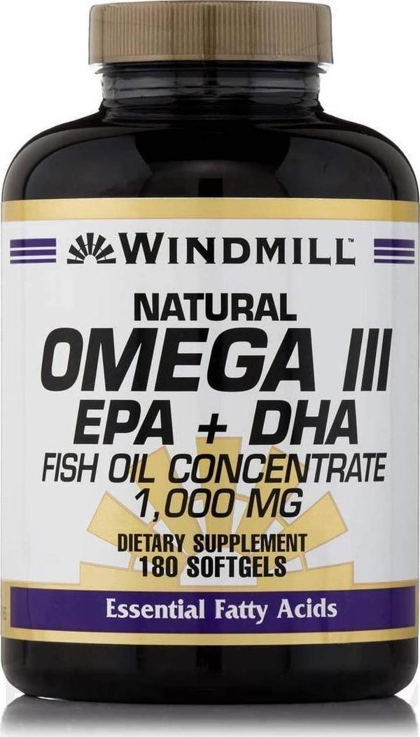 Windmill Omega 3 180 Softgels EPA and DHA Fish Oil Concentrate 1,000 Milligrams Windmill Vitamins Dietary Supplement Weight Loss Heart Health Essential Fatty Acids. Get the Daily Fatty Acids Your Body Needs! Omega 3 Formula Supports Proper Cellular