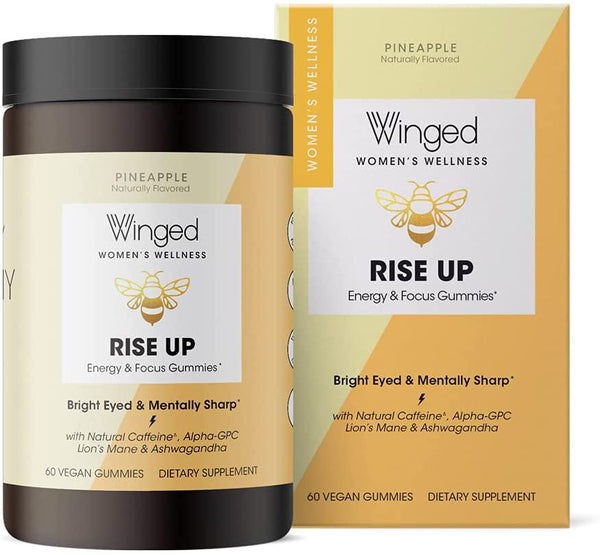 Winged Rise Up Gummies | Energy and Brain Boost Supplement | Natural Caffeine, Ashwagandha and B12 for Energy | Nootropics Alpha-GPC, Lion s Mane and Huperzine A for Focus | Pineapple Flavor (30 Servings)