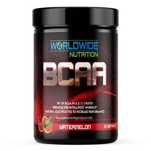 Worldwide Nutrition BCAA Powder, Branched Chain Amino Acids, BCAAs, 2:1:1 Ratio, Pre Intra Post Workout Supplement for Men and Women, Natural Electrolytes to Increase Energy, 30 Servings - Watermelon