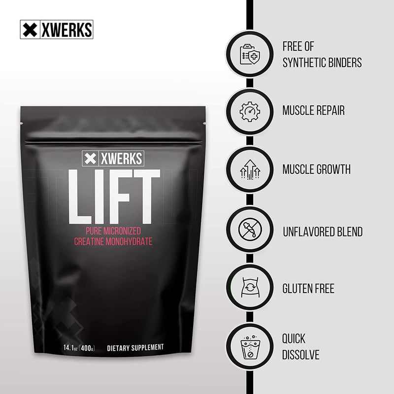 Xwerks Lift Pure Creatine Monohydrate Powder - 80 Servings - Raw 100% Natural 5000mg Formula Micronized Creatine - Highly Soluble Supplements for Power Strength Muscle Growth and Repair - Unflavored