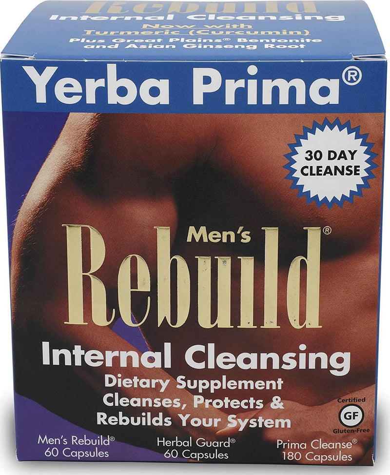 Yerba Prima Cleanse Men Rebuild Kit - 30 Day Internal Cleansing Supplements Designed for Males - Prostate and Colon Health - Kidney and Liver - Natural Herbal Psyllium Fiber, Aloe Vera, Milk Thistle Seed