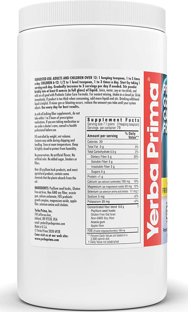 Yerba Prima Prebiotic Colon Care Formula, 20 oz Powder with FOS - Natural Psyllium Fiber, Magnesium, Selenium - Non-GMO, Gluten Free, Vegan Daily Supplement - For Men and Women
