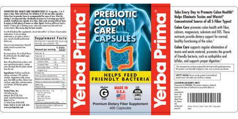 Yerba Prima Prebiotic Colon Care Capsules, 400 Caps (Pack of 2) - Five Forms of Dietary Fiber Supplement - Healthy Soluble and Insoluble Fibers for Regularity and Digestive Support