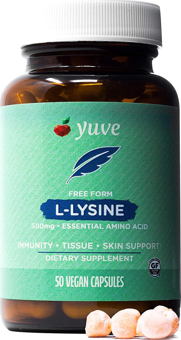 Yuve L-Lysine 500 mg Essential Amino Acid - Immune, Cold Sores and Collagen Synthesis Support - Maintain Healthy Arginine Levels and Optimal Calcium Absorption - Vegan, Gelatin-Free, Non-GMO - 50 Capsules