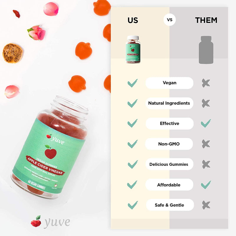 Yuve Vegan Apple Cider Vinegar Gummies - Immunity, Fast Detox and Weight Loss Support - Unfiltered Mother ACV - Superfood Supplement - Better than Capsules, Tablets and Pills - Non-GMO, Gluten-Free - 60ct