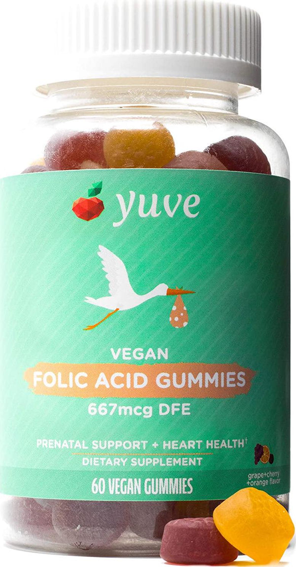 Yuve Vegan Folic Acid Vitamin Gummies 667 mcg DFE - Essential Prenatal Development Support - Maintains Hormal Balance - Cellular and Circulatory Health - Natural, Non-GMO, Gluten and Gelatin Free - 60ct