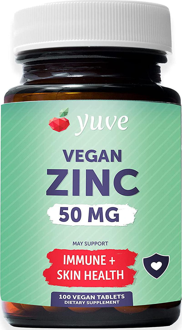Yuve Vegan Natural Zinc 50mg Supplement - Boosts Your Immune System - Fast Relief from Colds and Flu - Acne Free Skin - Healthy Hormone Levels - Non-GMO, Gluten Free, Sugar Free - 100 Vegetarian Tabs