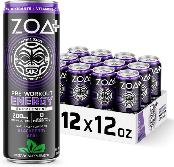ZOA+ Plus Sugar Free Pre Workout Drink - Blackberry Acai 12 Fl Oz - Ready to drink Preworkout with Nitric Oxide, Vitamin C, Vitamin D, B-Vitamins and 200mg Natural Caffeine - (Pack of 12)