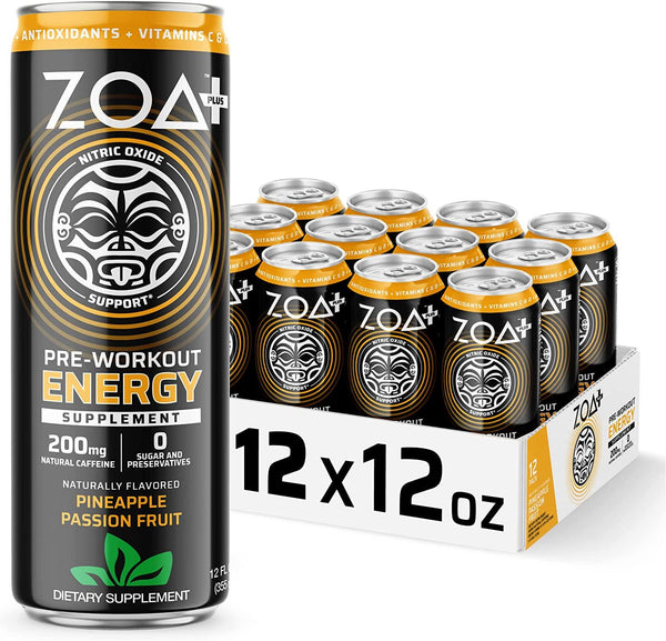 ZOA+ Plus Sugar Free Pre Workout Drinks, 12 Fl Oz | Nitric Oxide Supplement, Vitamin C, Vitamin D, B-Vitamins and 200mg Natural Caffeine | Pineapple Passion Fruit, (12 Pack)