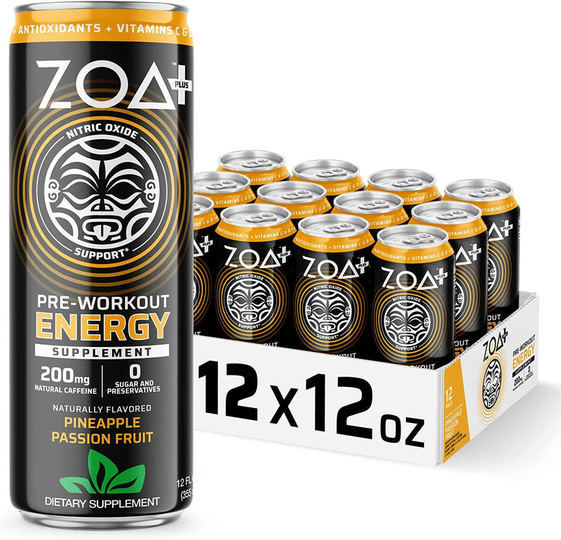 ZOA+ Plus Sugar Free Pre Workout Drinks, 12 Fl Oz | Nitric Oxide Supplement, Vitamin C, Vitamin D, B-Vitamins and 200mg Natural Caffeine | Pineapple Passion Fruit, (12 Pack)