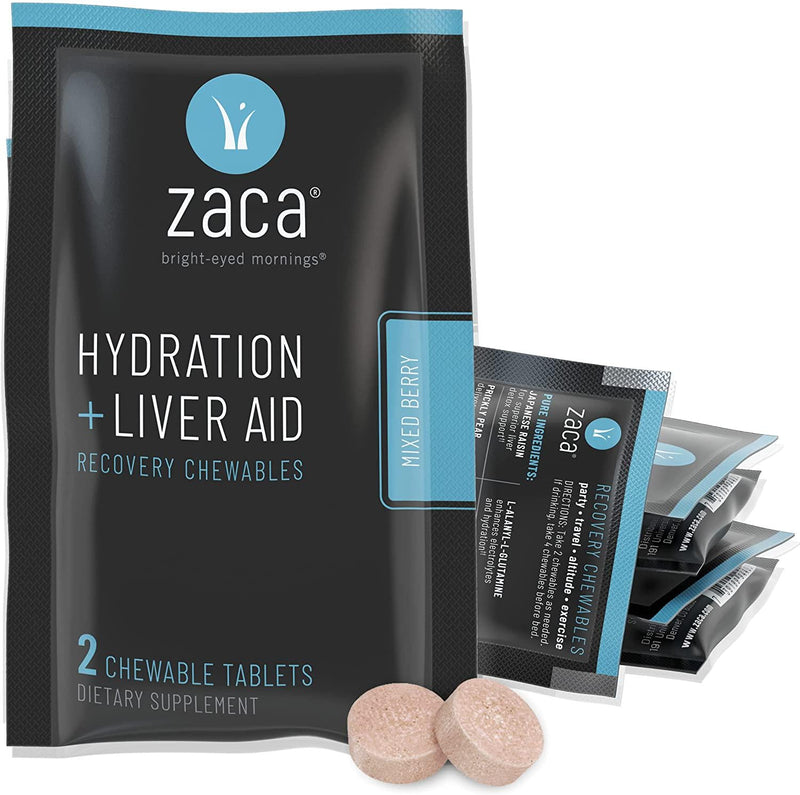 Zaca Recovery Chewable Supplement | Hydration + Liver Aid | Party, Travel, Exercise and Altitude | Sugar Free and Gluten Free | Mixed Berry, 6 Packs = 12 Tablets