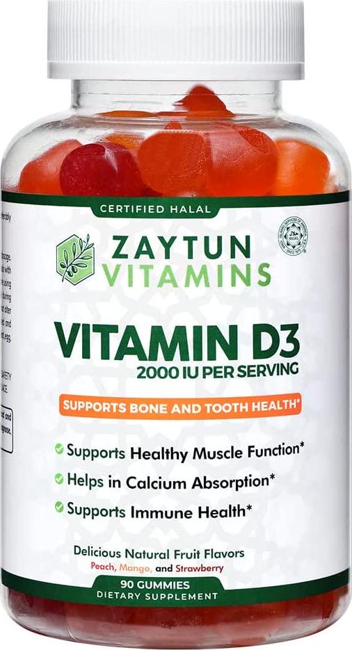 Zaytun Halal Vitamin D3 2000 IU Gummies, Supports Bone, Teeth and Immune Health, Promotes Muscle Function, Gluten and Gelatin Free, 90 Natural Fruit Flavor Gummies, Made in USA - Halal Vitamins