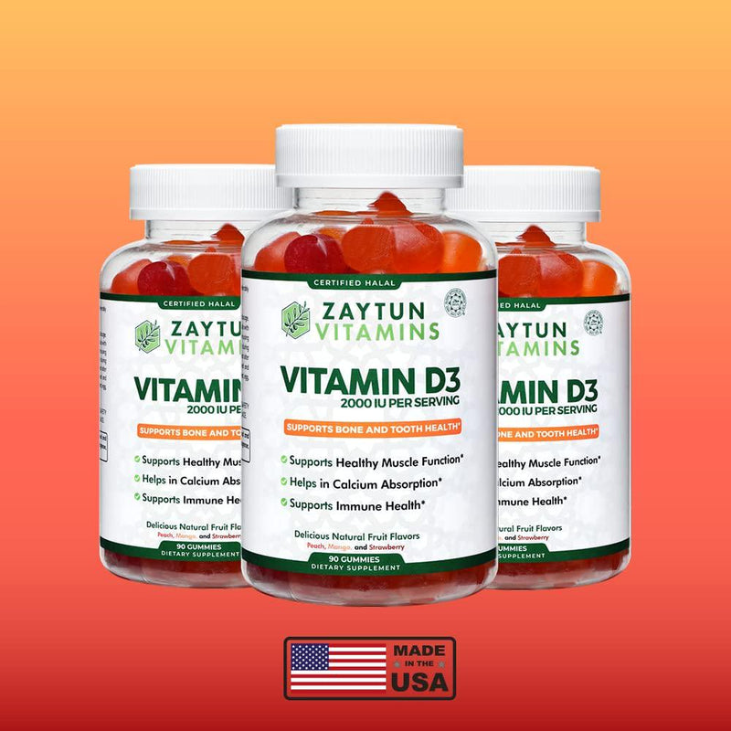 Zaytun Halal Vitamin D3 2000 IU Gummies, Supports Bone, Teeth and Immune Health, Promotes Muscle Function, Gluten and Gelatin Free, 90 Natural Fruit Flavor Gummies, Made in USA - Halal Vitamins