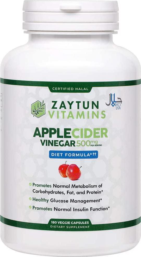 Zaytun Vitamins Halal Apple Cider Vinegar Supports Digestive Health, Aids in Maintaining a Healthy Weight, Detox, Promotes Energy and Water Balance, 180 Veggie Capsules, Made in USA - Halal Vitamins