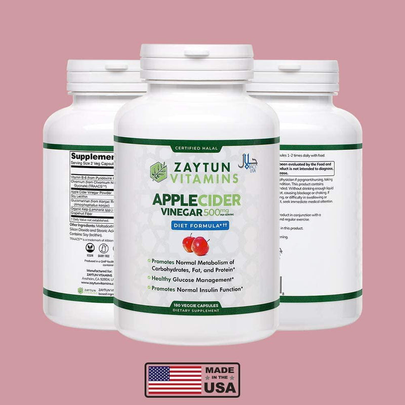 Zaytun Vitamins Halal Apple Cider Vinegar Supports Digestive Health, Aids in Maintaining a Healthy Weight, Detox, Promotes Energy and Water Balance, 180 Veggie Capsules, Made in USA - Halal Vitamins