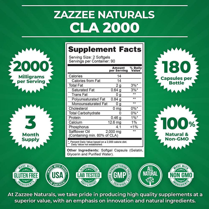 Zazzee CLA, 2000 mg, 180 Softgels, High-Potency Conjugated Linoleic Acid, High Dosage for Weight Management