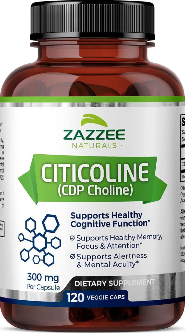 Zazzee Citicoline CDP Choline 300 mg, 120 Veggie Capsules, Vegan, Non-GMO and All-Natural, Pharmaceutical Quality, Contains Organic Stabilizers