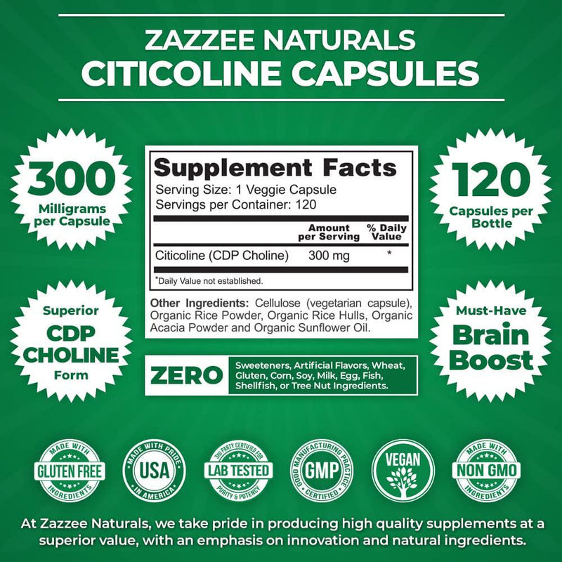 Zazzee Citicoline CDP Choline 300 mg, 120 Veggie Capsules, Vegan, Non-GMO and All-Natural, Pharmaceutical Quality, Contains Organic Stabilizers
