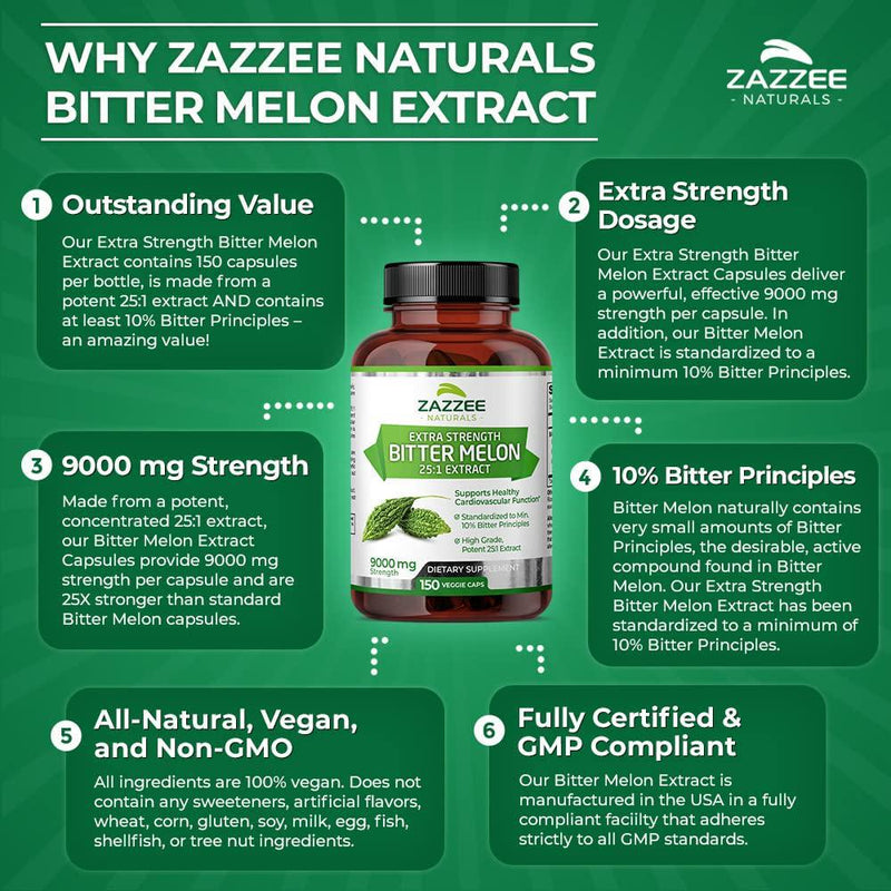 Zazzee Extra Strength Bitter Melon Root 25:1 Extract, 9000 mg Strength, 150 Vegan Capsules, 10% Bitter Principles, 5 Month Supply, Non-GMO and All-Natural
