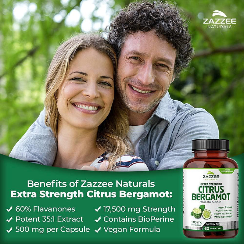 Zazzee Extra Strength Citrus Bergamot, 60 Vegan Capsules, Potent 35:1 Extract, 500 mg, Minimum 60% Polyphenolic Flavanones, Enhanced Absorption with BioPerine, Non-GMO and All-Natural