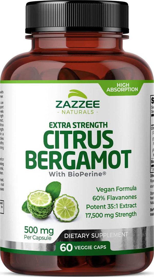 Zazzee Extra Strength Citrus Bergamot, 60 Vegan Capsules, Potent 35:1 Extract, 500 mg, Minimum 60% Polyphenolic Flavanones, Enhanced Absorption with BioPerine, Non-GMO and All-Natural