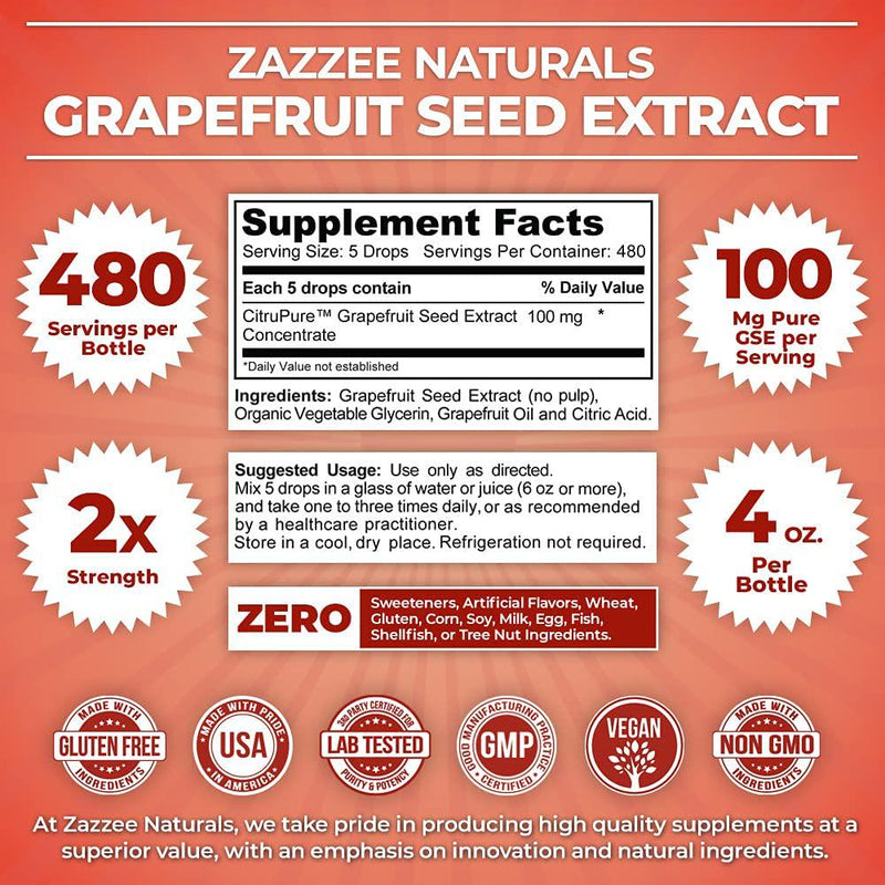 Zazzee Grapefruit Seed Extract (GSE) 4 Ounces, 480 Servings, Double Strength, 100 mg per Serving, Vegan, Liquid Concentrate, Non-GMO and All-Natural