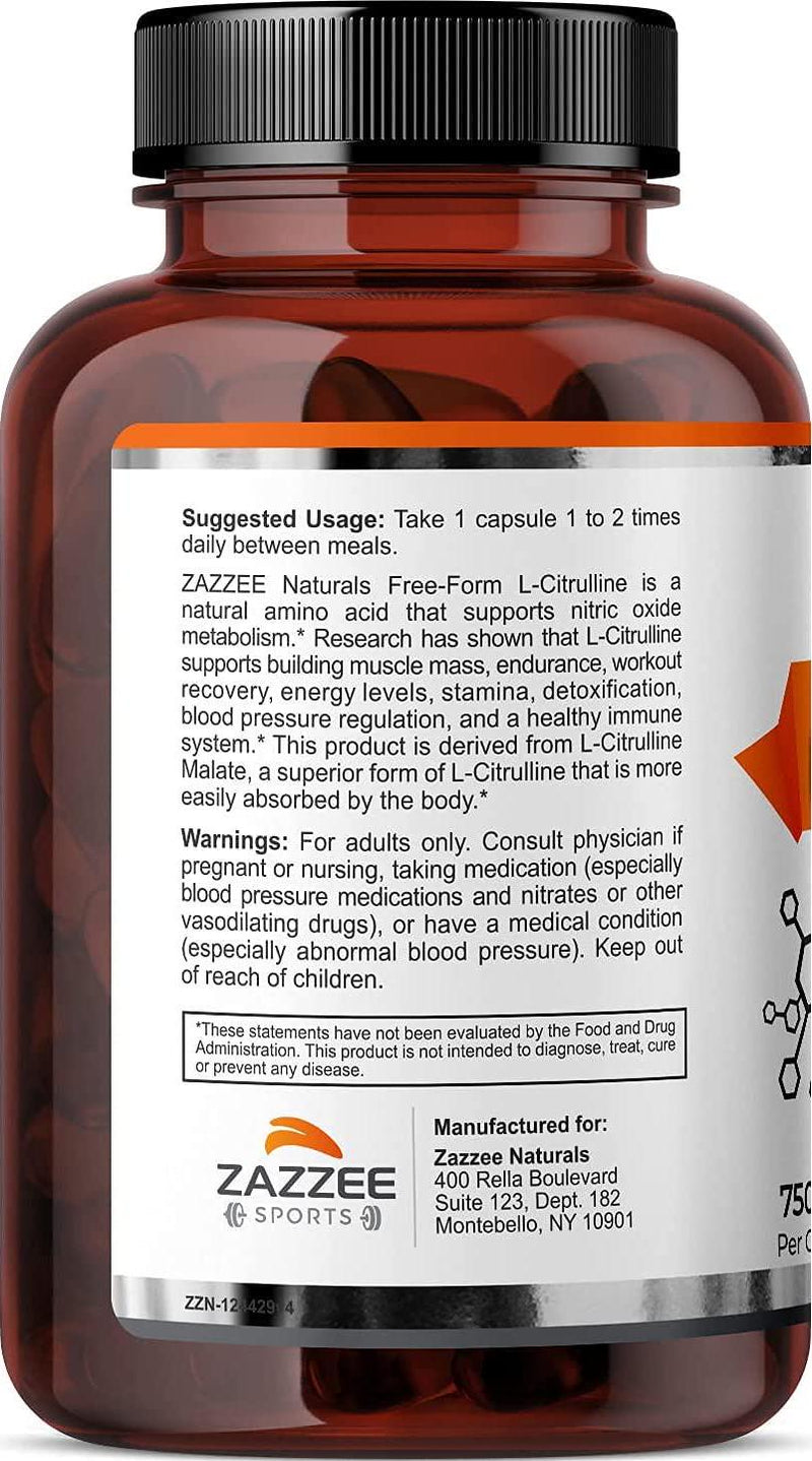 Zazzee L-Citrulline Malate, 180 Veggie Caps, 750 mg, Superior Free-from, Vegan, Non-GMO and All Natural, Contains Organic Stabilizers