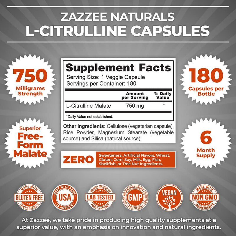 Zazzee L-Citrulline Malate, 180 Vegan Capsules, 750 mg, Superior Free-Form, Vegan, Non-GMO and All Natural, Contains Organic Stabilizers