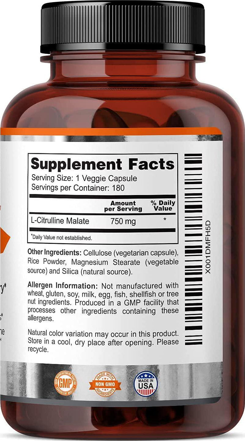 Zazzee L-Citrulline Malate, 180 Vegan Capsules, 750 mg, Superior Free-Form, Vegan, Non-GMO and All Natural, Contains Organic Stabilizers