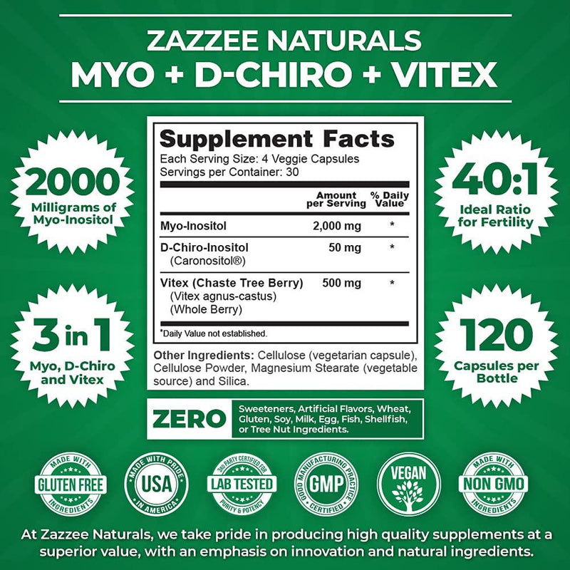 Zazzee Myo-Inositol + D-Chiro + Vitex, 120 Veggie Capsules, Optimal 40:1 Inositol Ratio, with 500 mg Vitex, Vegan, Non-GMO and All-Natural, Supports Healthy Ovulation and a Regular Cycle