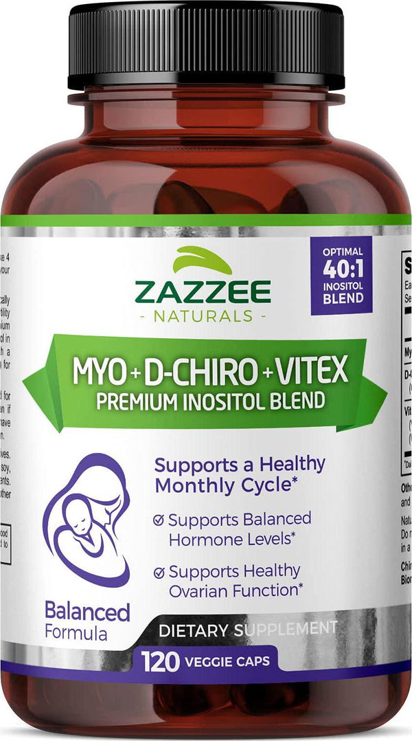Zazzee Myo-Inositol + D-Chiro + Vitex, 120 Veggie Capsules, Optimal 40:1 Inositol Ratio, with 500 mg Vitex, Vegan, Non-GMO and All-Natural, Supports Healthy Ovulation and a Regular Cycle