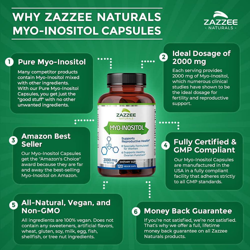 Zazzee Myo-Inositol 120 Veggie Capsules, 2000 mg per Serving, 100% Pure, Pharmaceutical Grade, Vegan, Non-GMO and All Natural