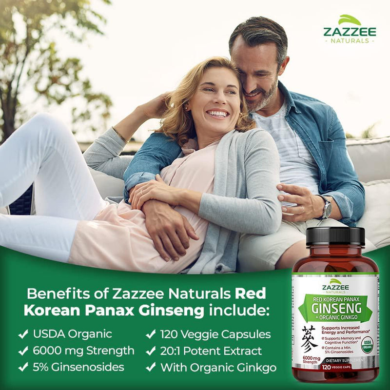 Zazzee Red Korean Panax Ginseng, 10% Ginsenosides, 120 Veggie Caps, Extra Strength, 1000 mg per Serving, Vegan, Non-GMO and All-Natural, Premium Support for Energy, Performance and Cognitive Health