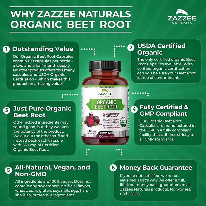 Zazzee USDA Organic Beet Root, 150 Veggie Caps, 1100 mg per Serving, USDA Certified Organic, 100% Pure Beta Vulgaris, Organically Stabilized, Vegan, All-Natural and Non-GMO