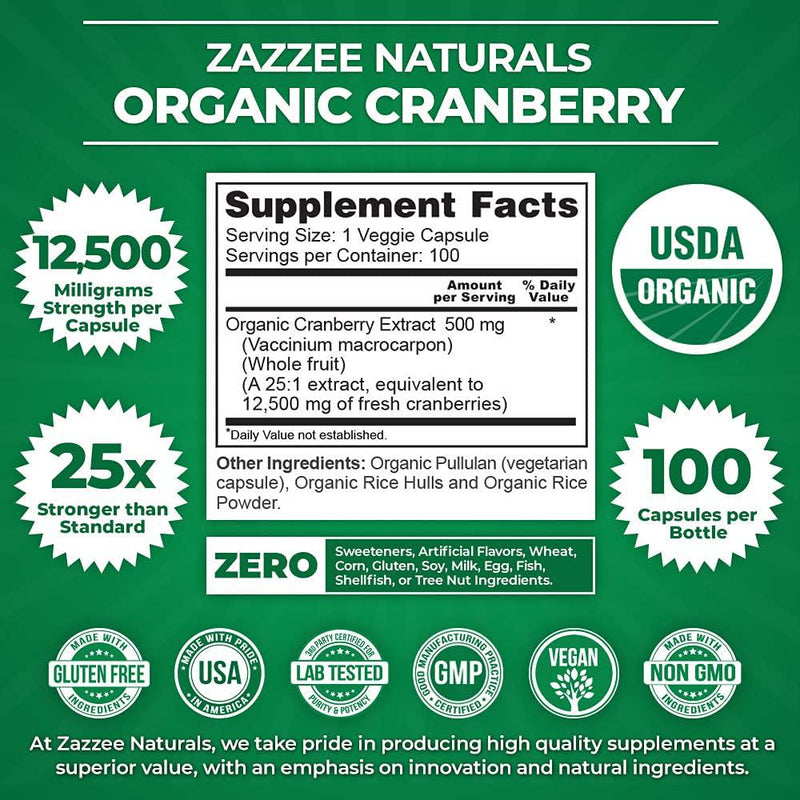 Zazzee USDA Organic Cranberry Extract, 12,500 mg Strength, 100 Vegan Capsules, USDA Certified Organic, Potent 25:1 Extract, Made from Fresh Whole Organic Cranberries, Vegan, All-Natural and Non-GMO