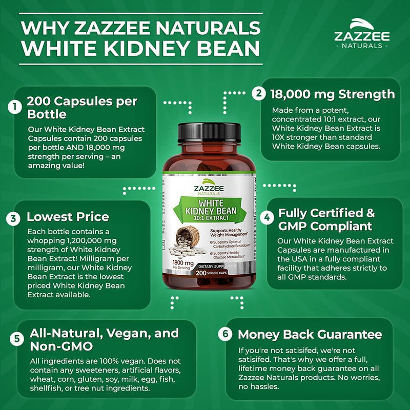 Zazzee White Kidney Bean Extract 200 Vegan Capsules, 1800 mg Per Serving, Potent 10:1 Extract, 18,000 mg Strength, 100% Pure, Vegan, Non-GMO and All-Natural