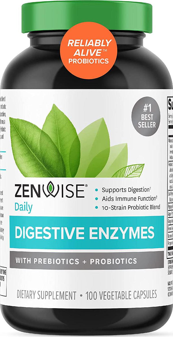 Zenwise Digestive Enzymes Probiotics and Prebiotics - Digestion and Bloating Relief for Women and Men, Lactose Absorption with Amylase and Bromelain, 100 Count