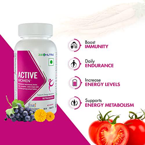 Zeonutra Active Women One Daily Multivitamin and Multimineral Tablets with Panax Ginseng Extract, 36 Minerals, Vitamins, Amino Acids and Herbs Extract Supplement for Women.