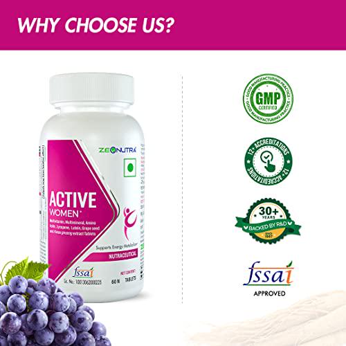 Zeonutra Active Women One Daily Multivitamin and Multimineral Tablets with Panax Ginseng Extract, 36 Minerals, Vitamins, Amino Acids and Herbs Extract Supplement for Women.