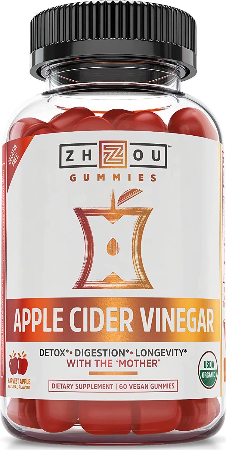 Zhou Nutrition Apple Cider Vinegar Gummies with The Mother, ACV Detox and Cleanse, Natural Probiotics, Digestion Support, Heart Health, Gelatin-Free, Vegan, Gluten-Free, Non-GMO, 60 Count