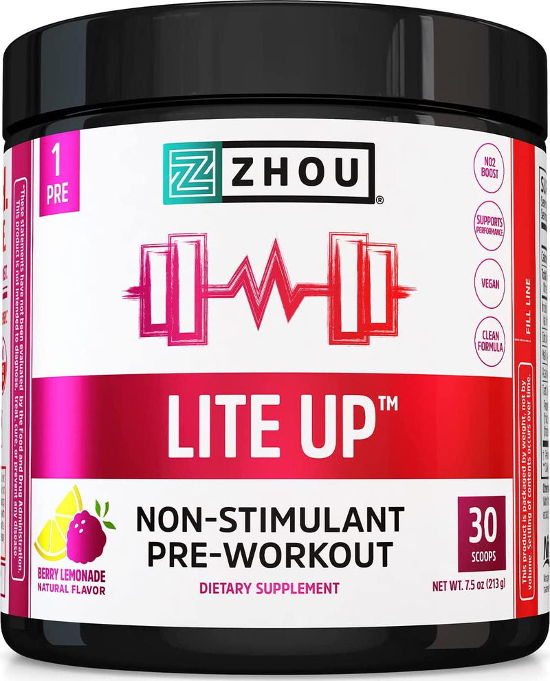 Zhou Nutrition Lite Up, Non-Stimulant Pre Workout Powder, Caffeine Free Nitric Oxide Booster, No Sugar Added, Vegan, Gluten Free, Non GMO, Berry Lemonade, 7.5 Oz