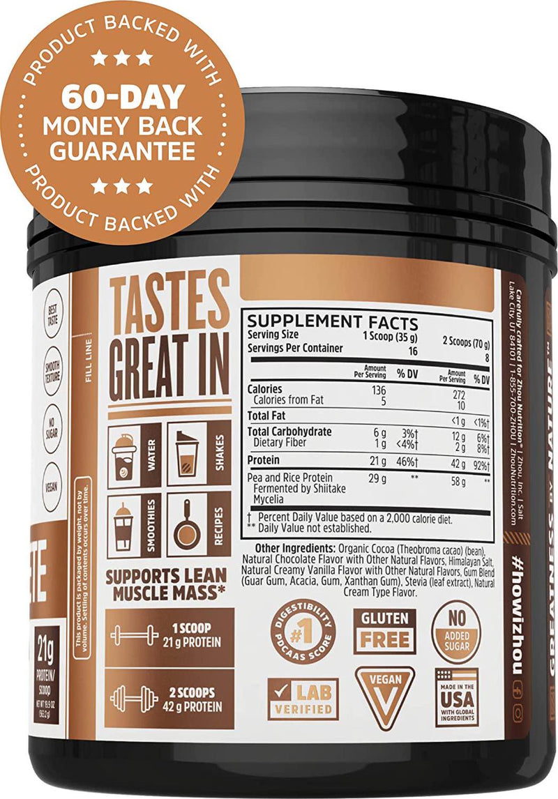 Zhou Nutrition Plant Complete Vegan Protein Powder, Easy to Digest, Non Dairy, No Sugar Added, Gluten Free, Chocolate, 16 Servings
