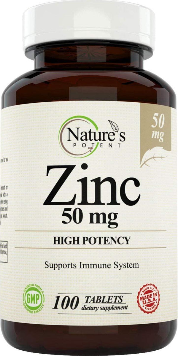 Zinc 50mg, [High Potency] Supplement for Men and Women - Promotes Immune System - Helps with Acne - Natural Zinc from (oxide / citrate) 100 Tablets, Made by Nature's Potent.